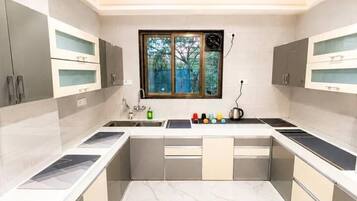 Fridge, stovetop, cookware/dishes/utensils