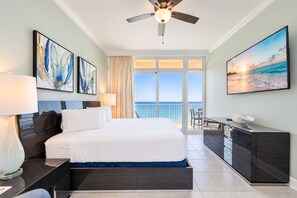 Ein Hotelzimmer mit Bett, Schreibtisch, Stuhl, Fernseher und einem Balkon mit Meerblick.