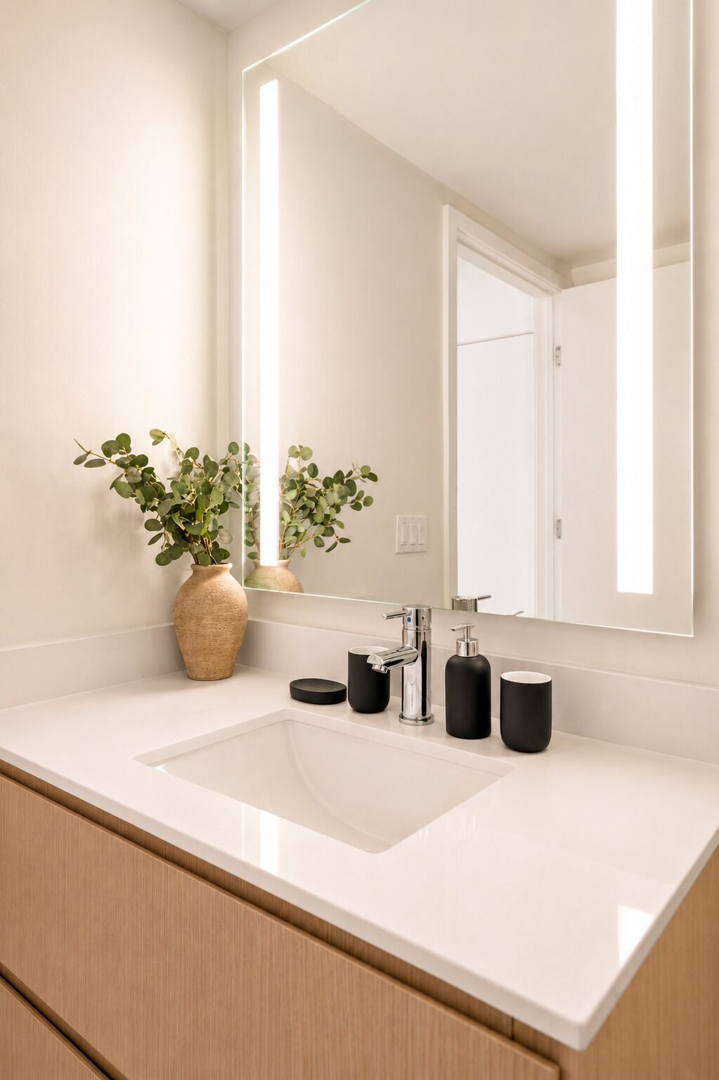 A bathroom with a white sink, a mirror, and a vase with green plants.