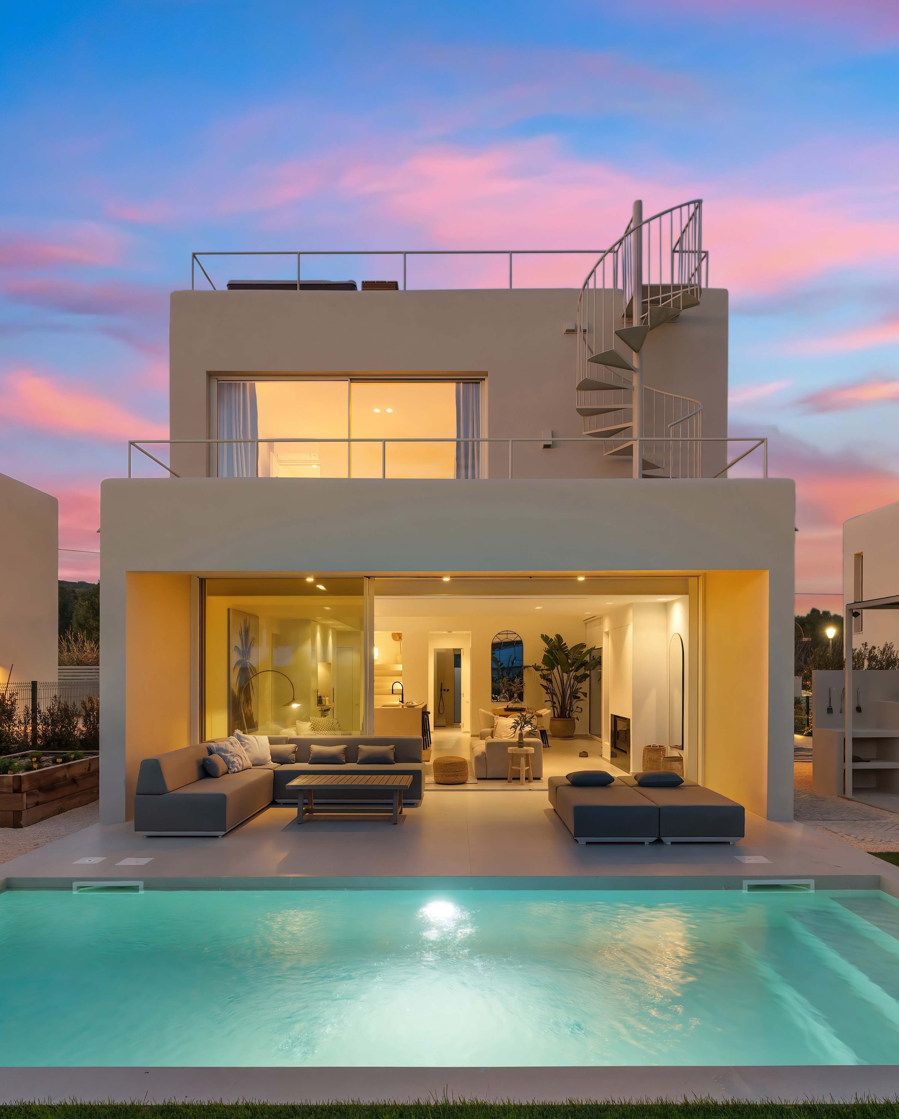 The perfect golden-hour ambiance—where indoor and outdoor living blend seamlessly. Relax by the illuminated pool or lounge on the covered terrace as the sun sets, creating a warm and inviting glow over this stunning retreat.”