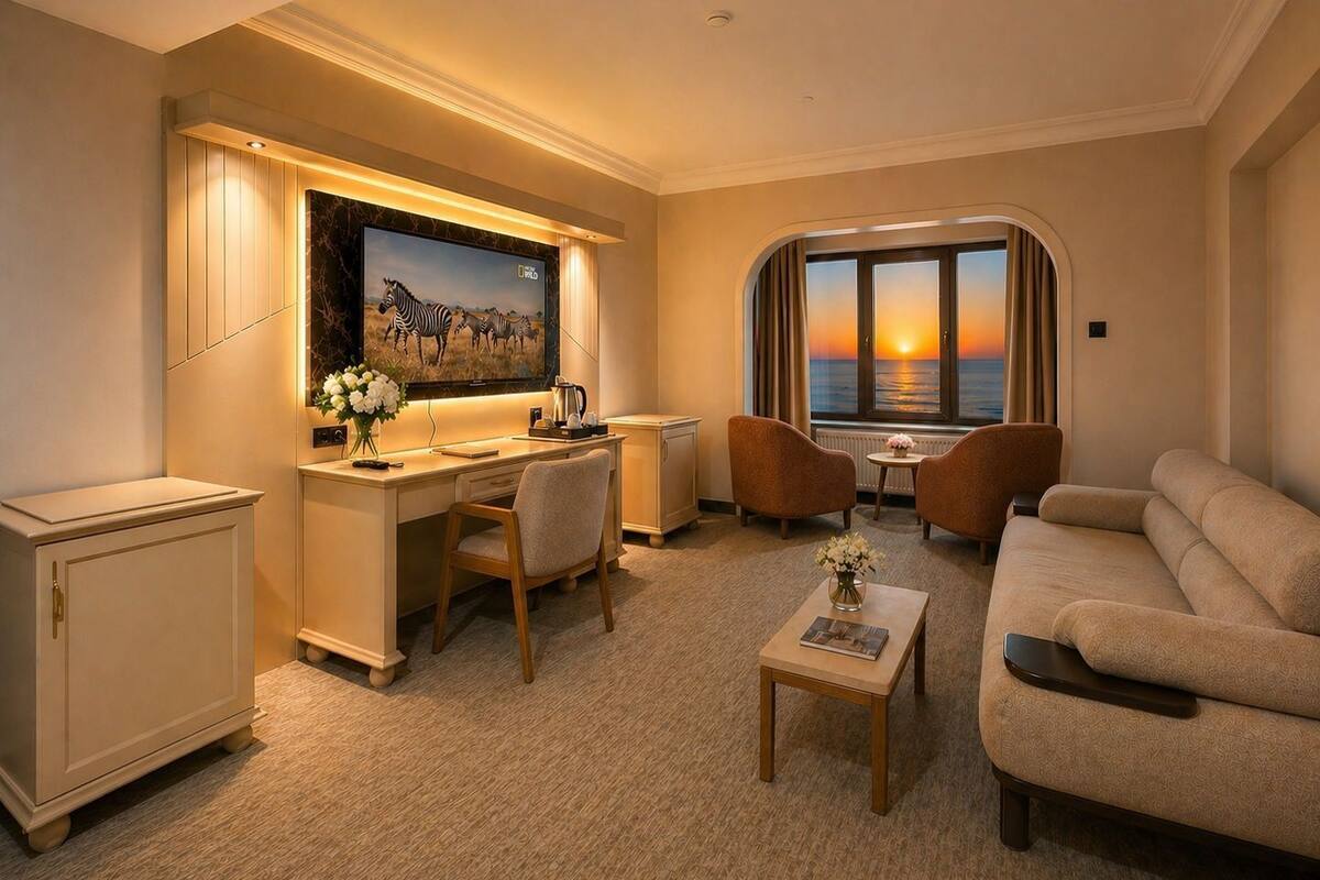 Habitación de hotel con escritorio, dos sillas, sofá, televisión y ventana con vista al atardecer.