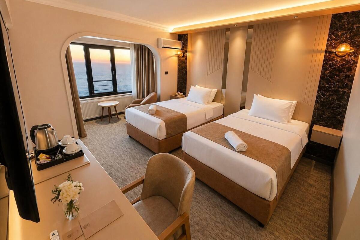 Habitación de hotel con dos camas, un escritorio, una silla, una mesita con hervidor de agua y vista al mar.