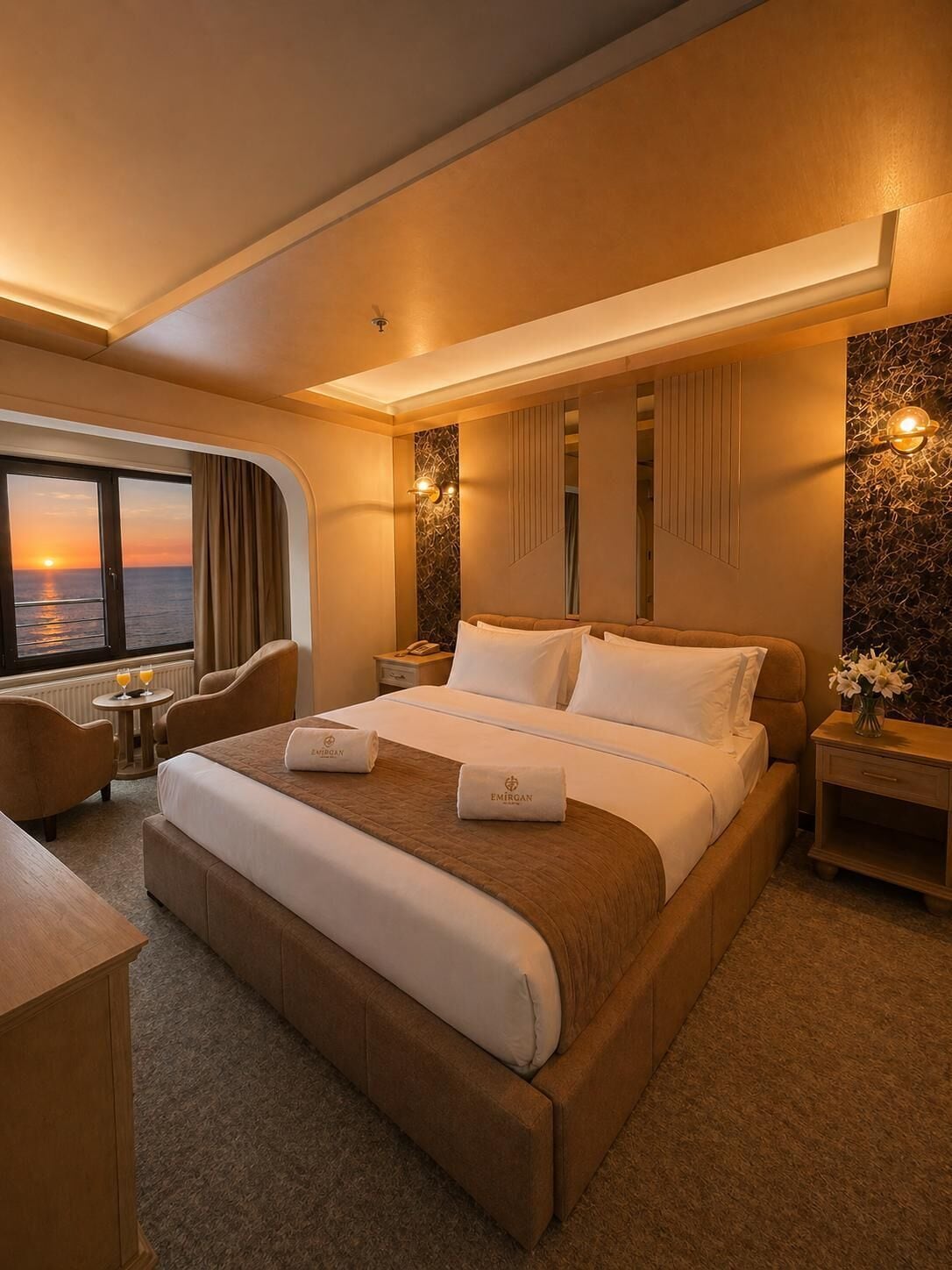 A hotel room with a large bed, a desk, a chair, a small table with drinks, and a view of the sunset.