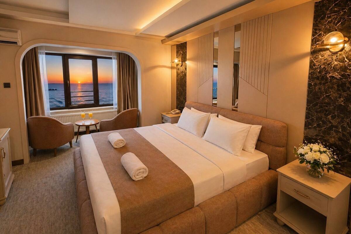 Habitación de hotel con cama, escritorio, silla, mesita de noche y vista al atardecer sobre el agua.
