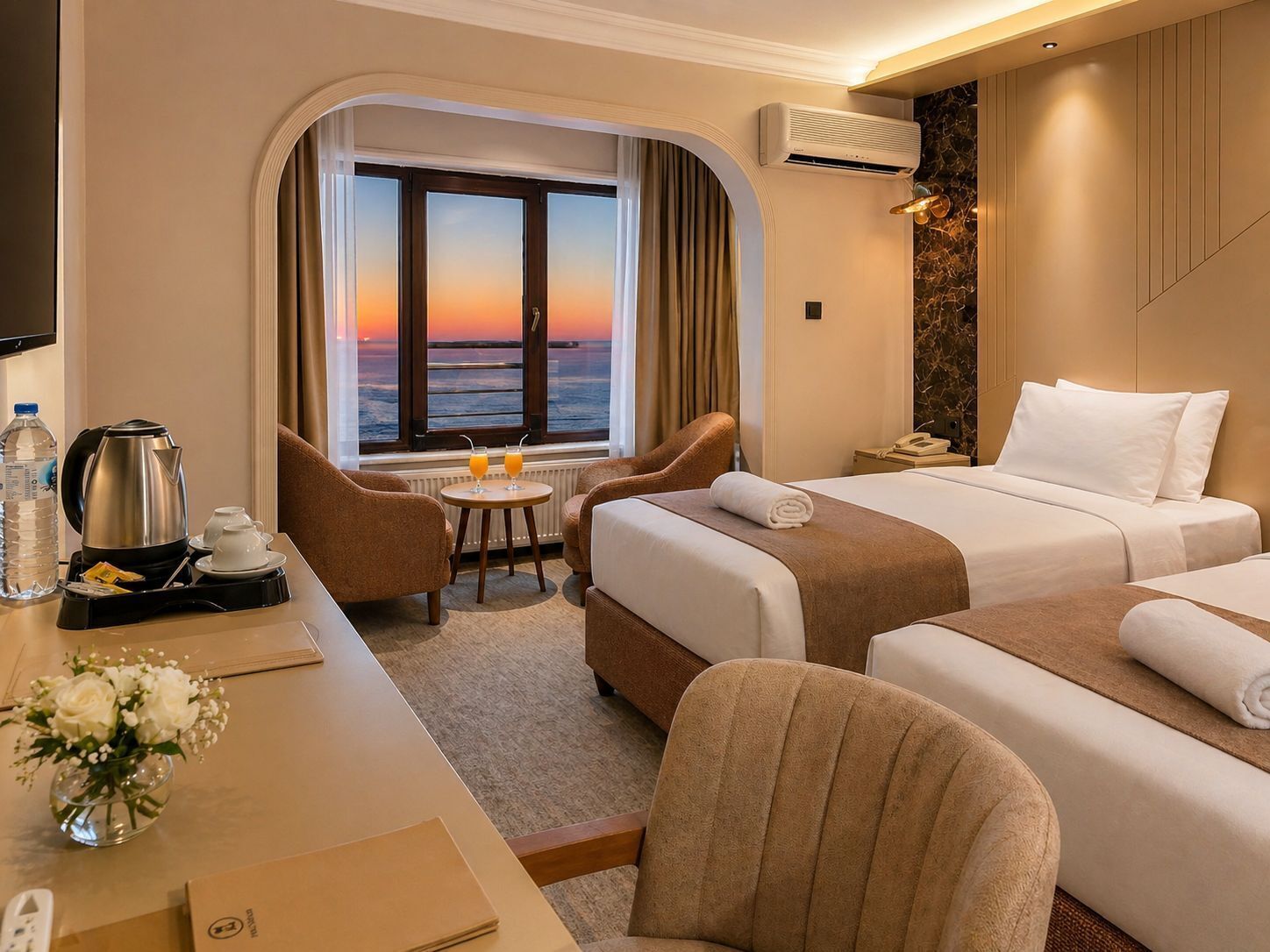 Quarto de hotel com cama, escrivaninha com cafeteira, cadeira, mesinha com bebidas e vista para o pôr do sol.