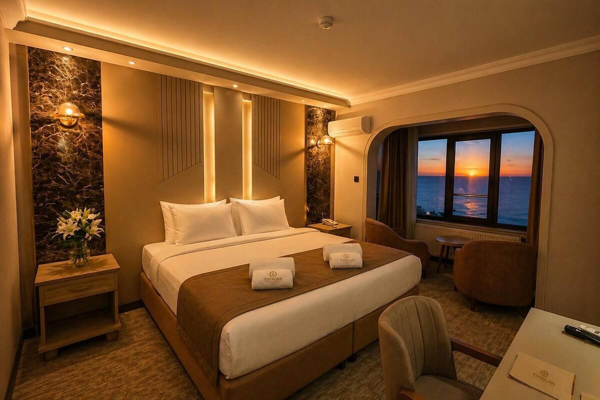 Habitación de hotel con cama, mesitas de noche, escritorio y vista al atardecer sobre el océano.