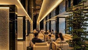 Vestíbulo de hotel con asientos de cuero, una recepción y una gran planta en maceta.