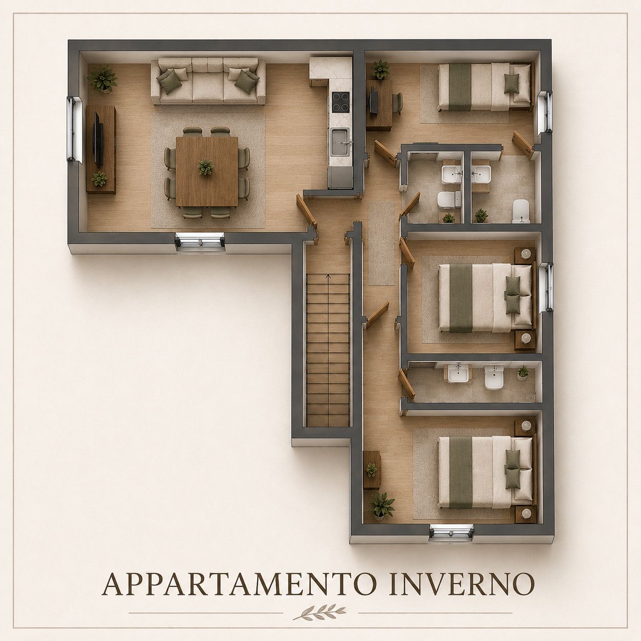 Plano de planta de una habitación de hotel con kitchenette, comedor, sala de estar y dos dormitorios.