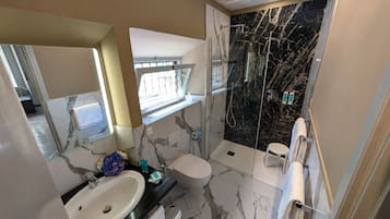 Chambre Classique, vue ville | Salle de bain | Douche, sèche-cheveux, serviettes fournies, savon