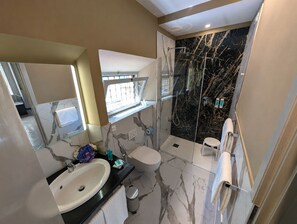 Chambre Classique, vue ville | Salle de bain | Douche, sèche-cheveux, serviettes fournies, savon