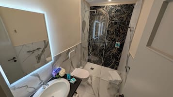 Chambre Premium, balcon, vue lac | Salle de bain | Douche, sèche-cheveux, serviettes fournies, savon