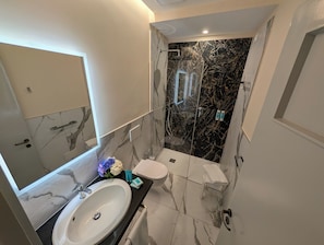 Chambre Premium, balcon, vue lac | Salle de bain | Douche, sèche-cheveux, serviettes fournies, savon