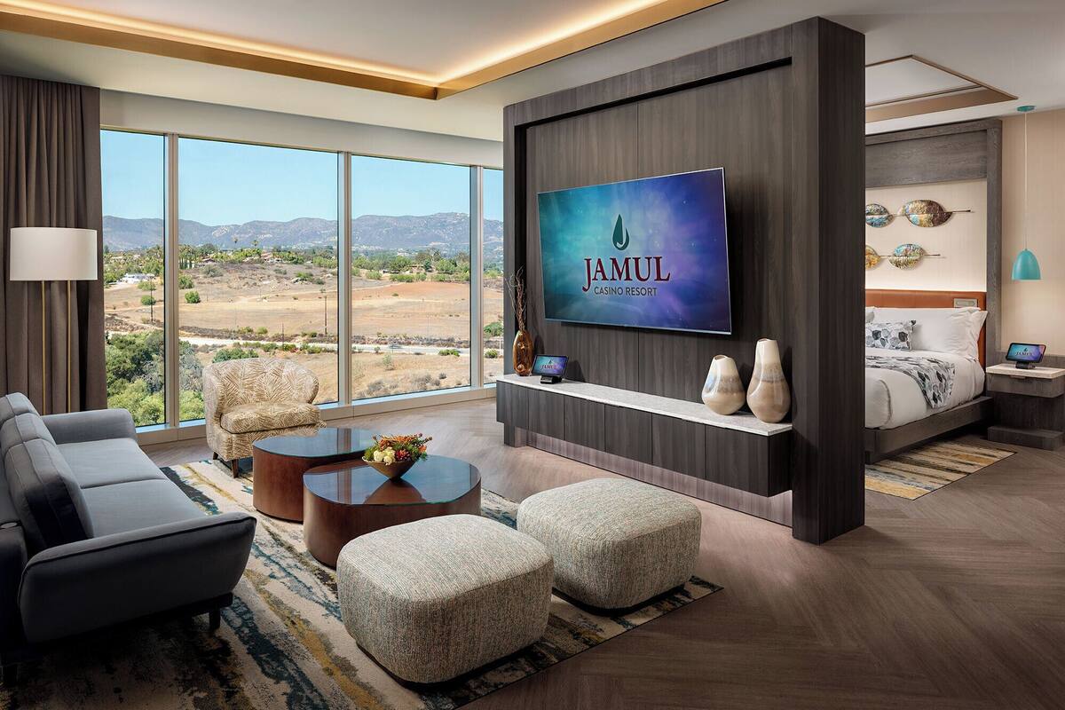 Habitación de hotel moderna con una televisión grande, asientos cómodos, una cama y vistas al paisaje.