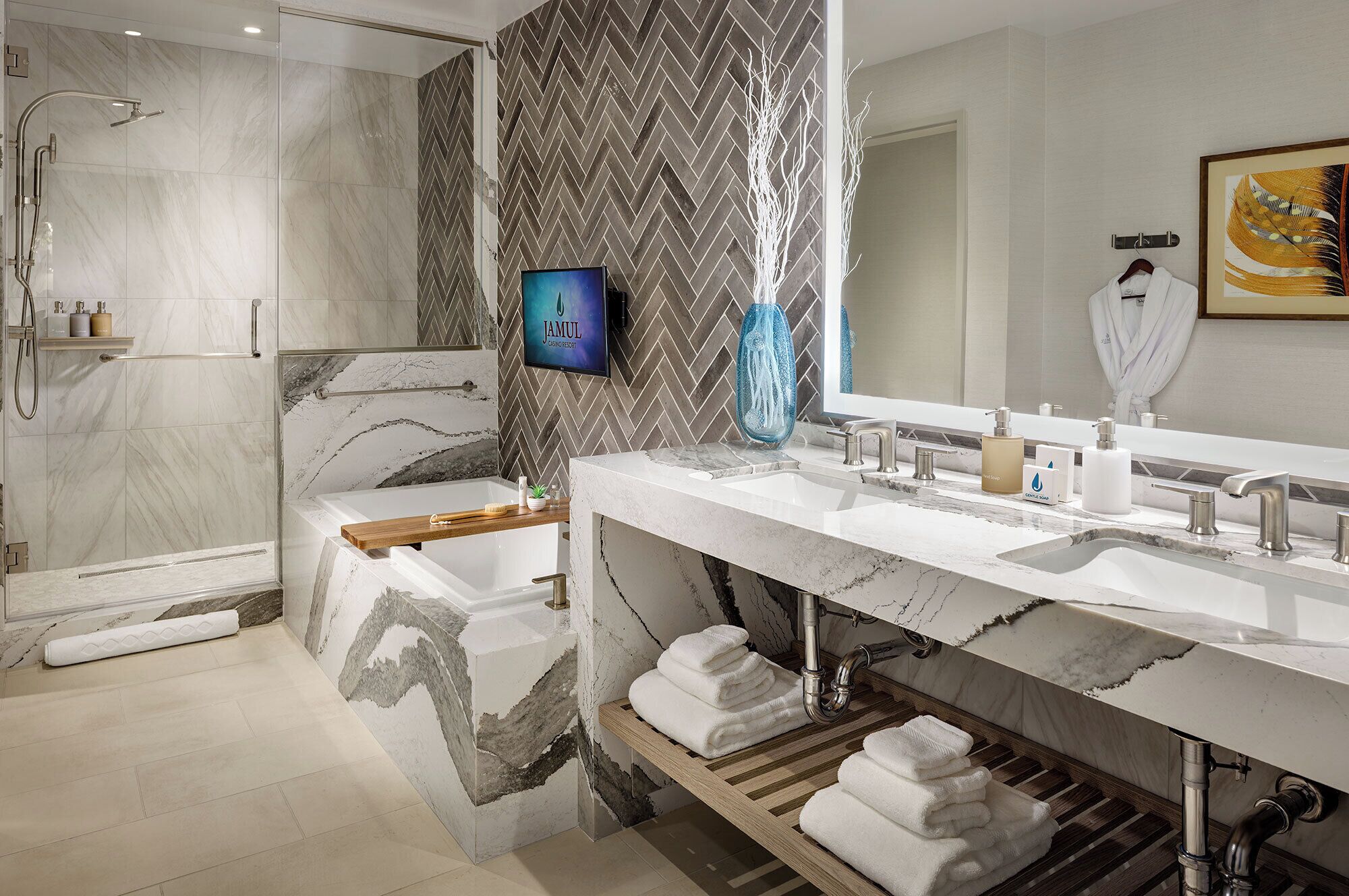 Hair dryer, slippers, towels, soap