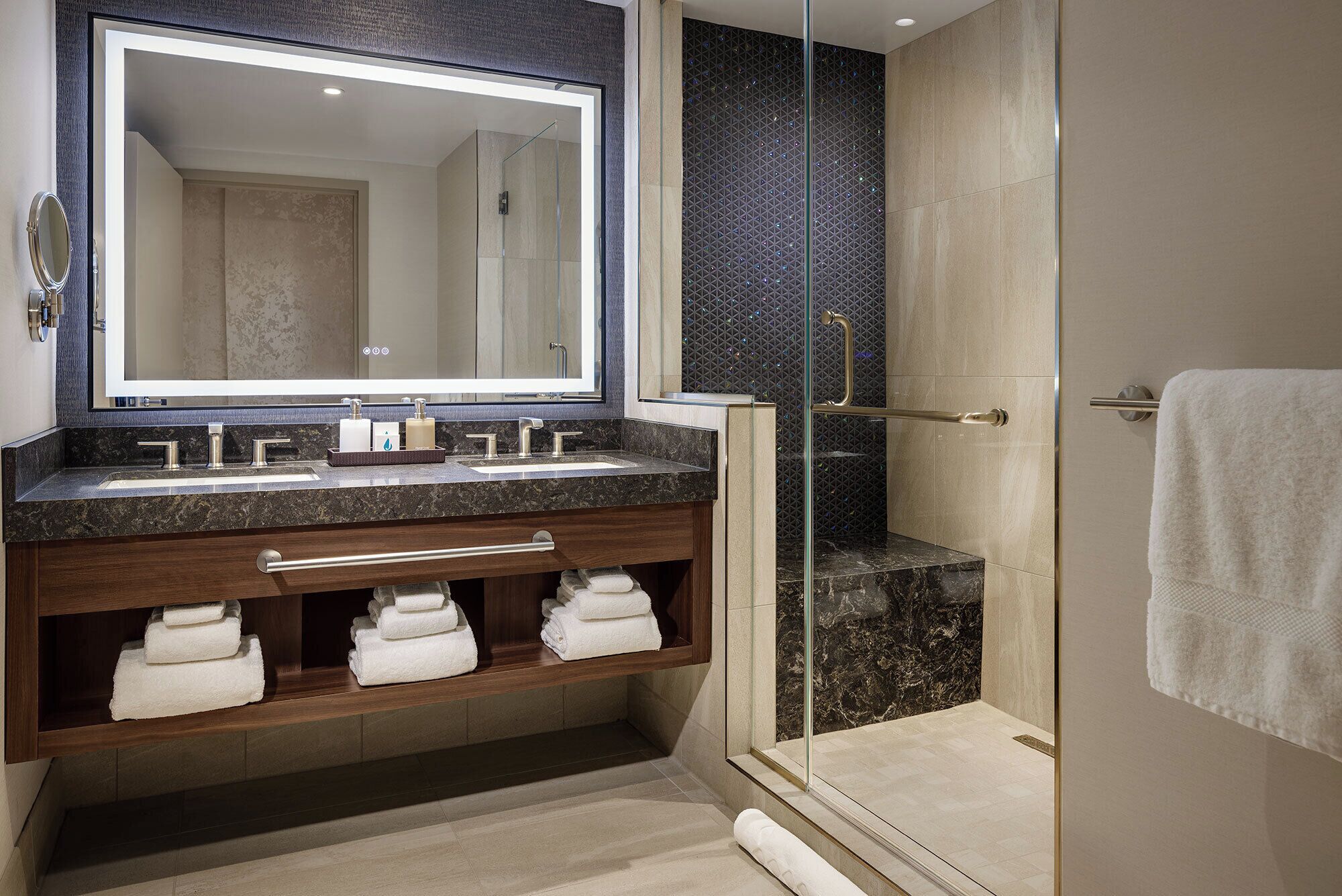 Hair dryer, slippers, towels, soap