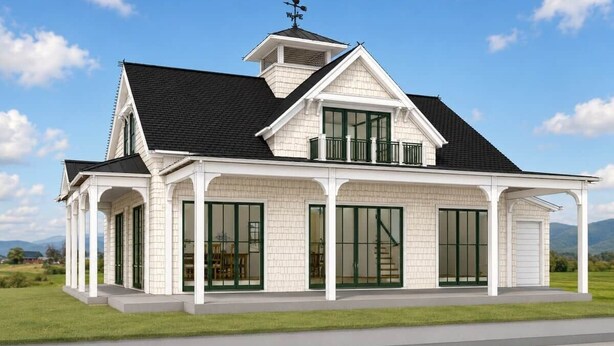 A two-story house with a covered porch, large windows, and a weather vane. - Lakefront Slide House - Bear Lake - New (Fish Haven)