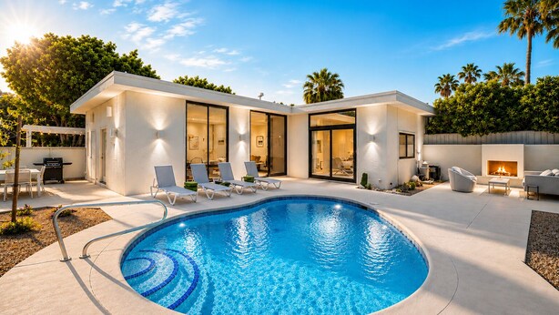 Una casa moderna con piscina, mobiliario exterior y chimenea.