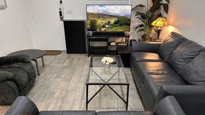 Un salon moderne avec un canapé, une table basse, un téléviseur posé sur un meuble et une plante en pot.