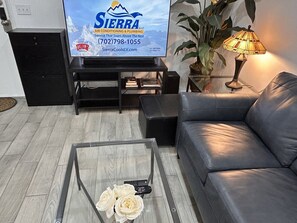 Un salon avec un canapé, une table basse en verre ornée de fleurs, un téléviseur diffusant une publicité pour Sierra Air Conditioning & Plumbing, et une lampe sur une table d’appoint.