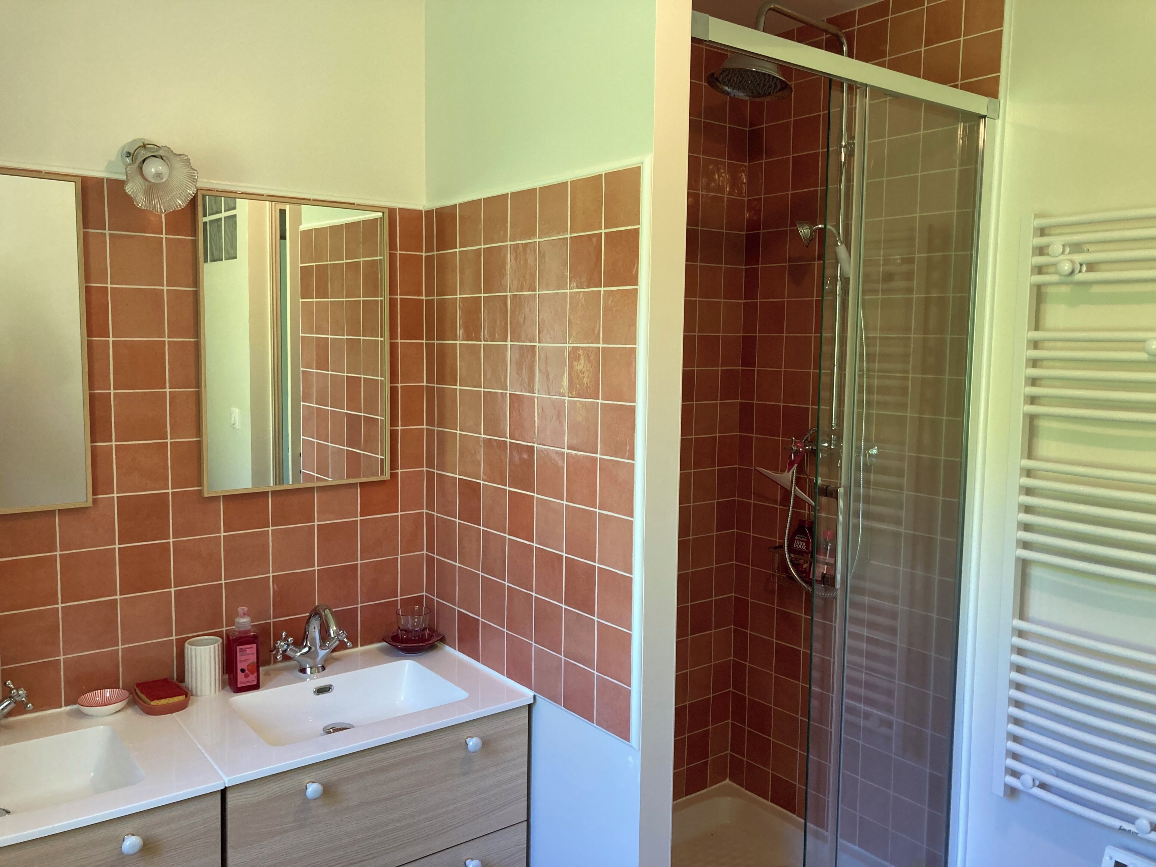 Un baño con dos lavamanos, un espejo y una cabina de ducha.