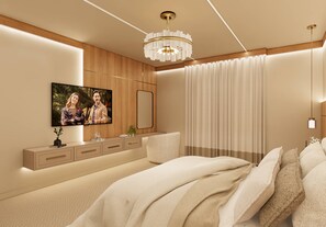 Ein modernes Schlafzimmer mit einem großen Bett, einem Fernseher, einer Wandpaneele aus Holz, einer Kristallleuchtre und einem großen Fenster mit Vorhängen.