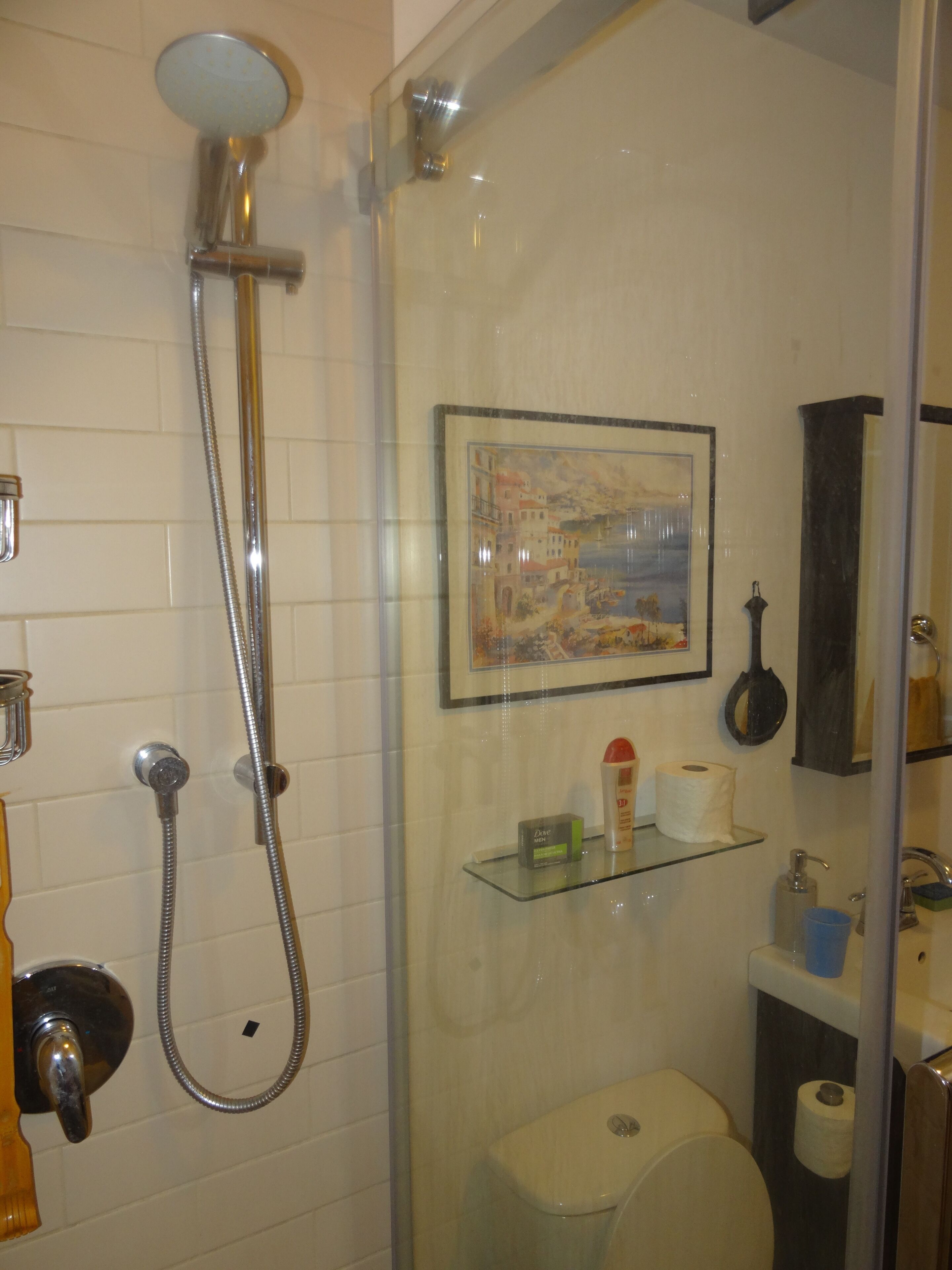 Un baño con ducha, inodoro y estante de vidrio con artículos de aseo.
