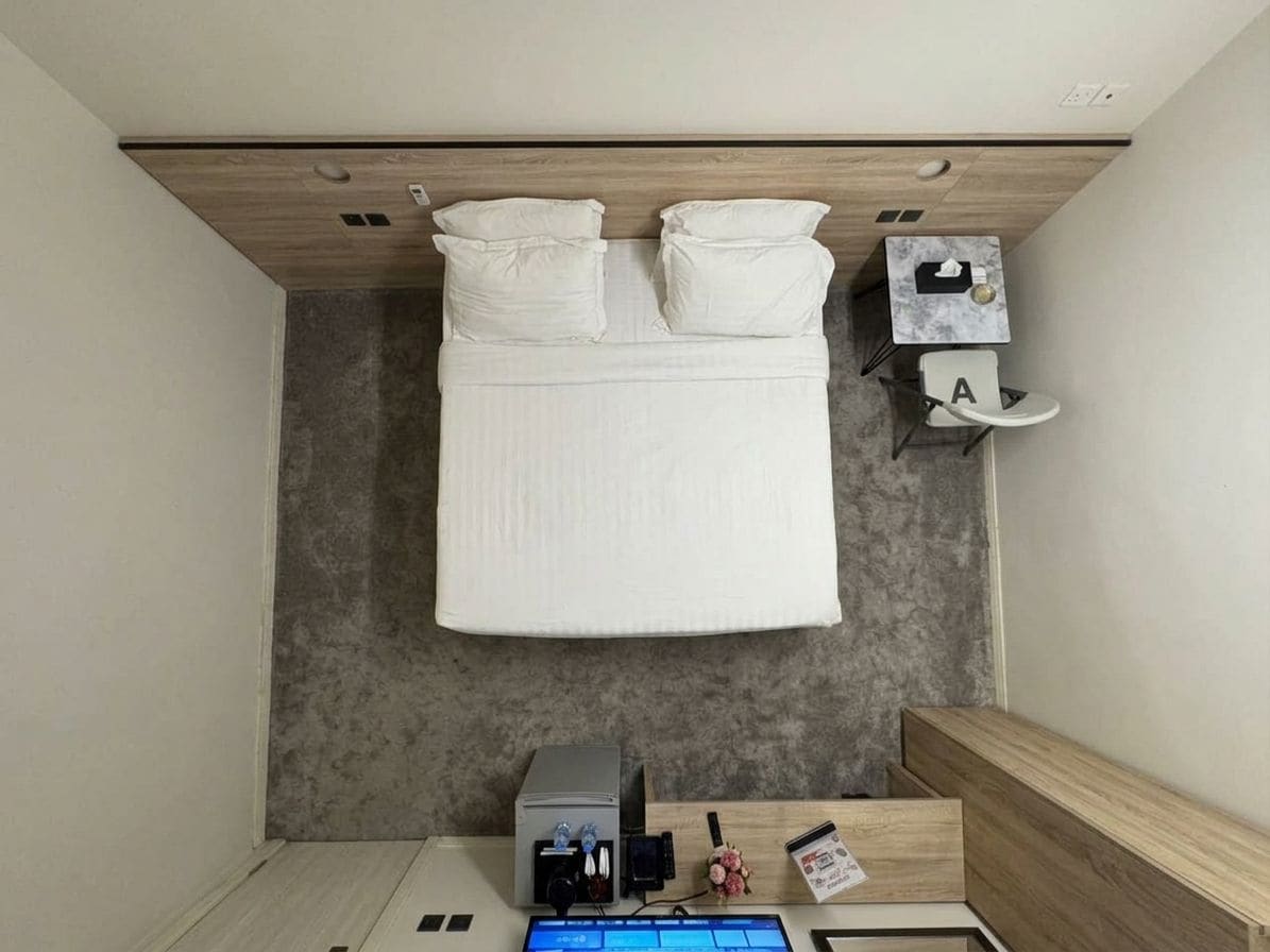 A modern hotel room with a bed, a desk with a computer, and a small shelf with items.
