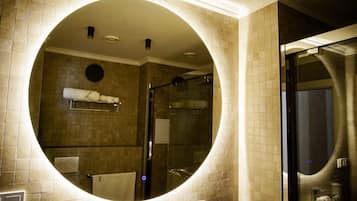 Hair dryer, towels, soap, shampoo