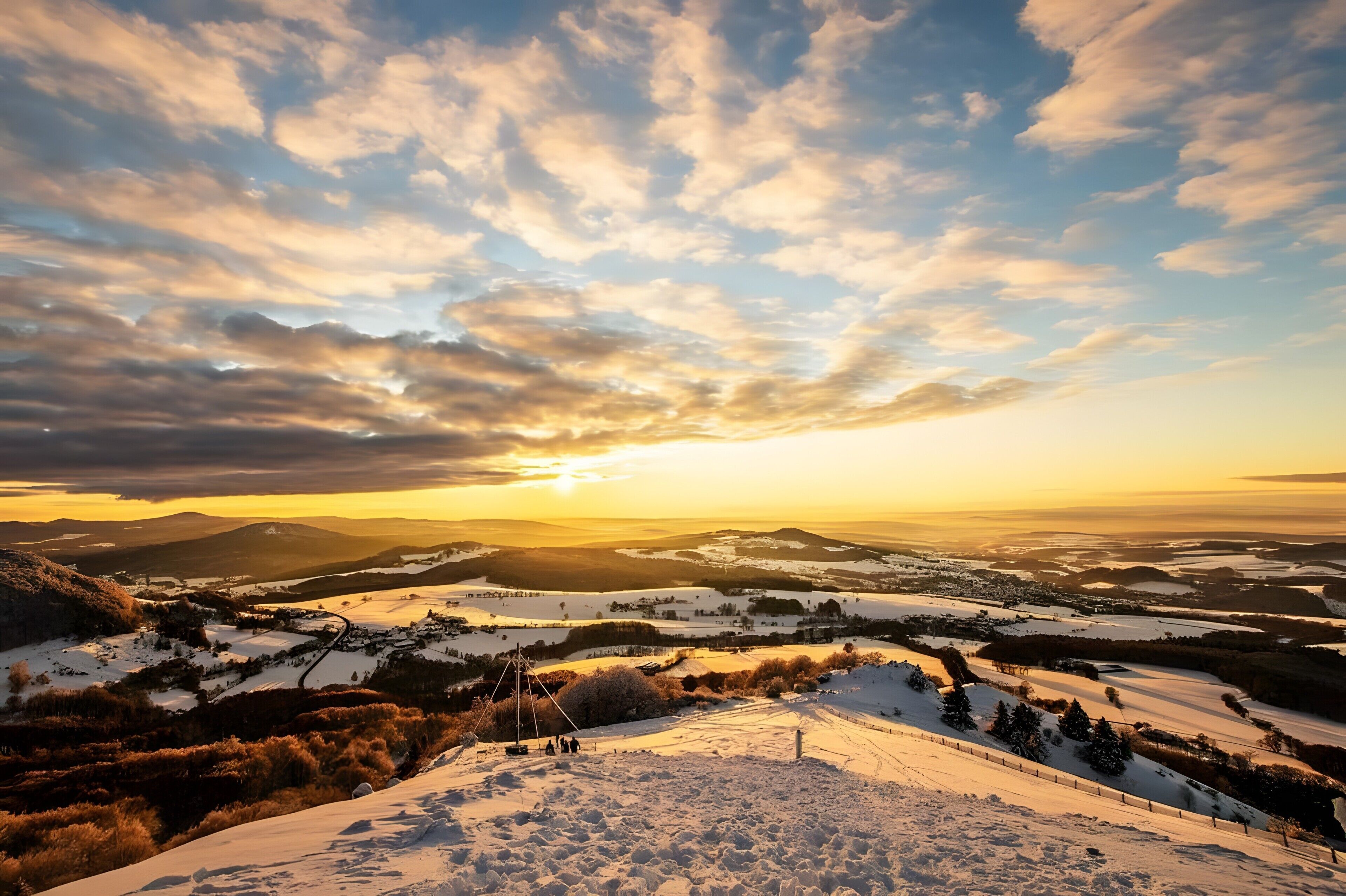 Ein weiter Panoramablick auf eine verschneite Landschaft bei Sonnenuntergang.