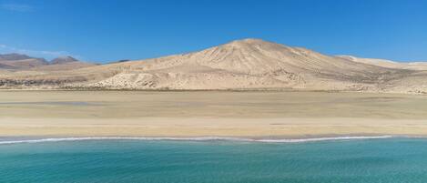 A desert landscape with a mountain in the background and a clear blue sea in the foreground.