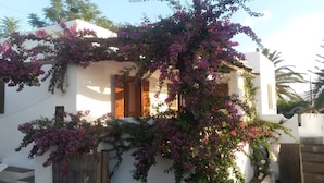 A white building with a balcony and a wooden door. - Casa Marel - Stromboli: Independent House with Garden and Two Terraces (Stromboli)