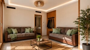 Una sala de estar moderna con dos sofás, una mesa de centro y una planta en maceta.
