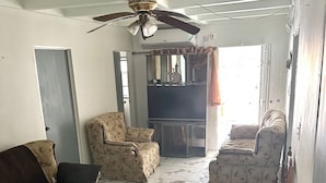 A living room with a ceiling fan, a sofa, a chair, a television, and a patterned rug.