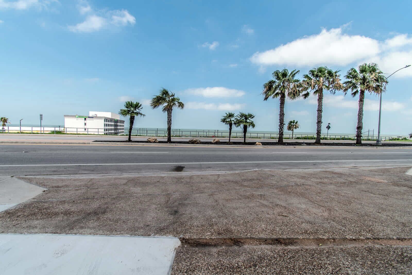 Una carretera costera con palmeras, cielo despejado y un edificio al fondo.