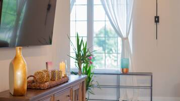 A modern living room with a wooden entertainment center, a flat-screen TV, a potted plant, and a window with sheer curtains.
