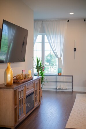 A modern living room with a wooden entertainment center, a flat-screen TV, a potted plant, and a window with sheer curtains.
