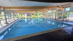 Une piscine intérieure avec des parois en verre transparent, un sol carrelé et une structure de plafond en bois.