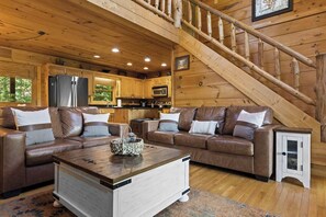 TV, fireplace - Mountain Views | Hot Tub, Arcade Game & Firepit (Mineral Bluff)