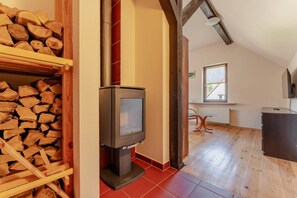 A room with a fireplace, a television, and a window. - Large, comfortable holiday home with a garden (Zatom)