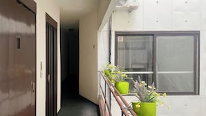 Um corredor com porta de madeira à esquerda, janela com vista para o exterior à direita, e vasos de flores na grade da varanda.