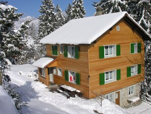 Eine mehrstöckige Holzhütte mit schneebedecktem Dach, umgeben von schneebedeckten Bäumen und einer Bergkulisse.