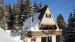 Een chaletachtige constructie met een schuin dak, houten balkon en glazen deuropening, omringd door met sneeuw bedekte bomen.