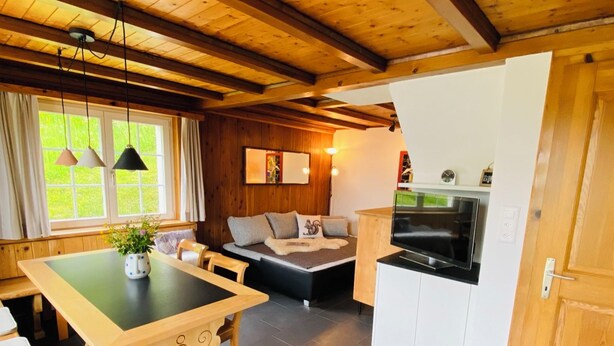 Een gezellige kamer met een houten plafond, een eettafel met stoelen, een bank, een televisie en een keukenhoek.
