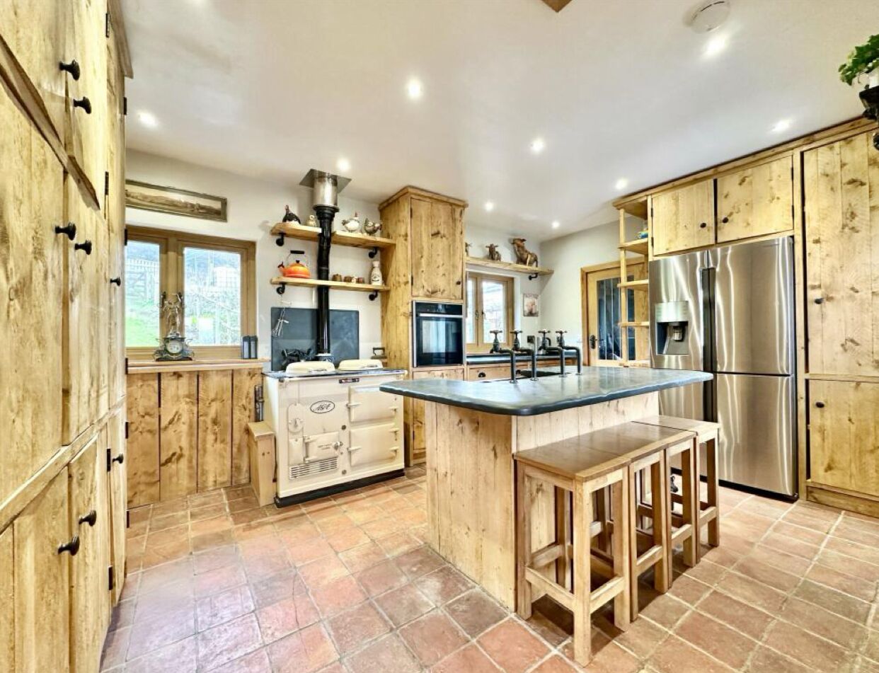 american fridge freezer with ice machine. neff oven and induction hob. air fyer, microwave, kettle, toaster, double belfast copper sink, and an aga when it is winter