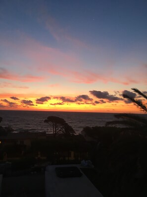 Sonnenuntergang über dem Meer mit Baum- und Gebäudesilhouetten im Vordergrund.