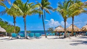 A beach with palm trees, thatched umbrellas, and green lounge chairs. - Keys Escape | Oceanfront Resort Condo | Sleeps 6 (Tavernier)