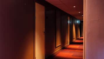 A hotel hallway with doors on one side and a carpeted floor.