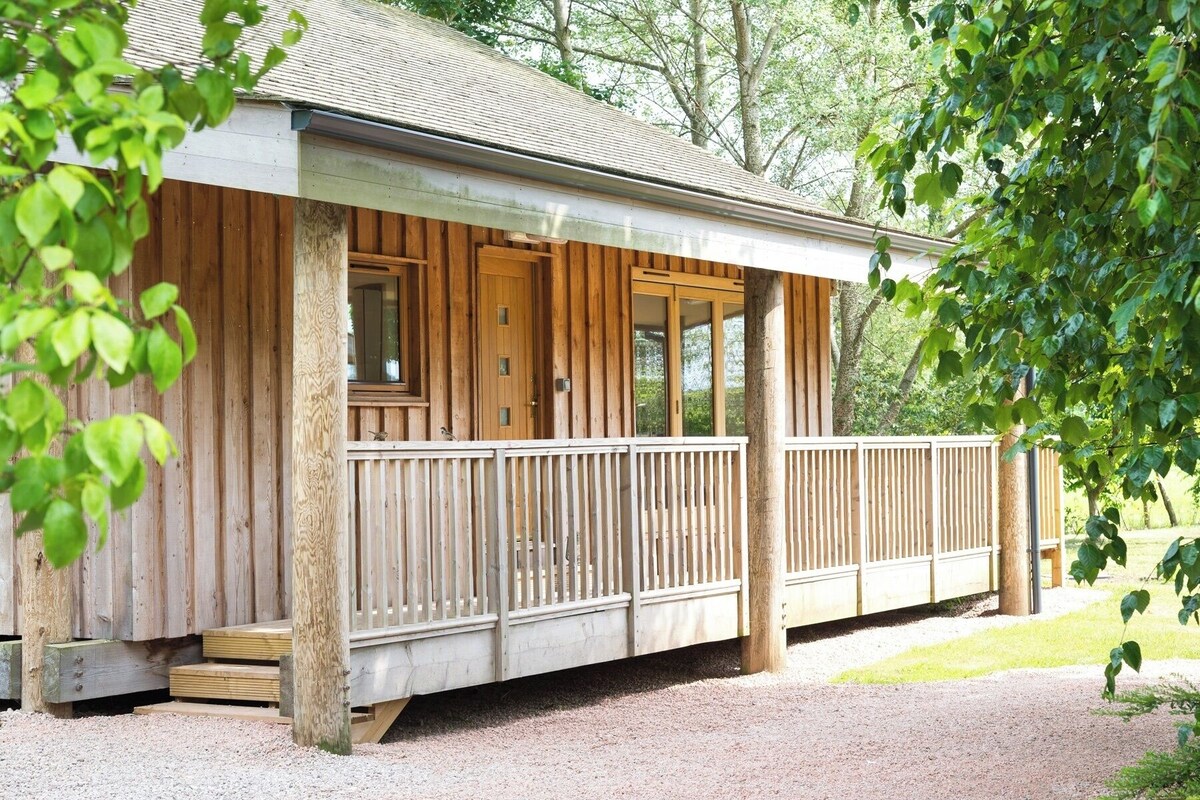 A wooden cabin with a porch, a window, and a door.