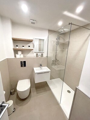 Hair dryer, bidet, towels, soap