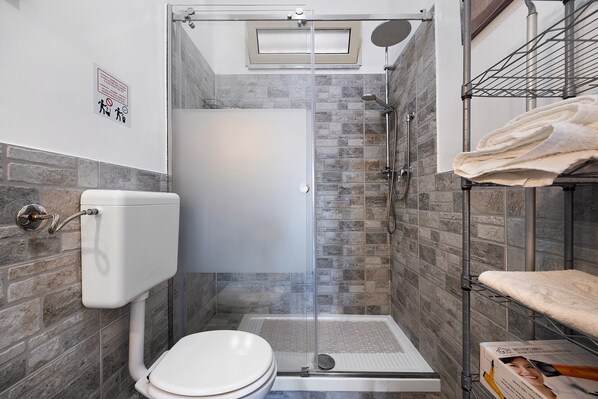 A bathroom with a glass-enclosed shower, a toilet, and a towel rack.